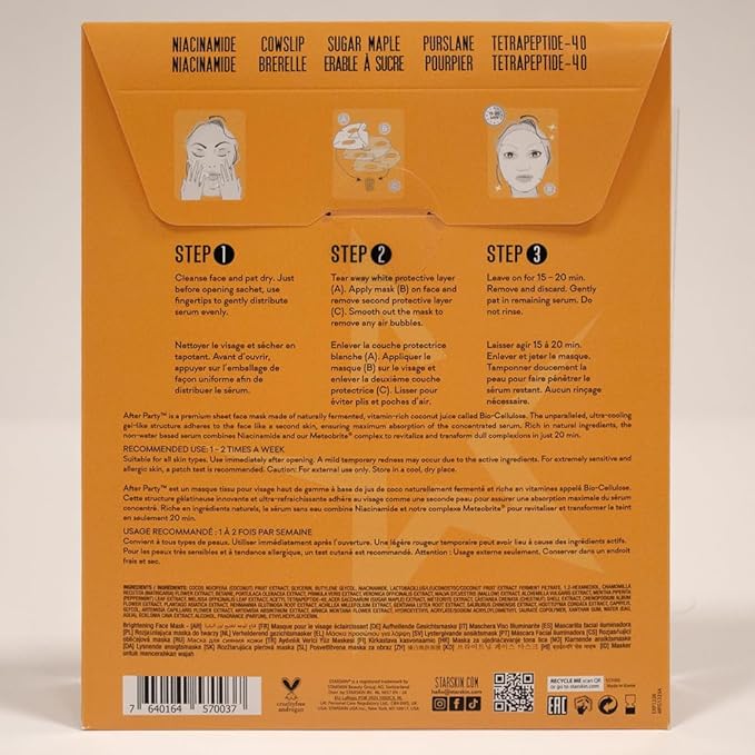 STARSKIN After Party 4x40g, Bio-Cellulose Brightening Face Mask for all Skin Types, Korean Skincare Mask infused with Vitamin C Serum and Niacinamide, Energizing and Soothing, K Beauty Skincare