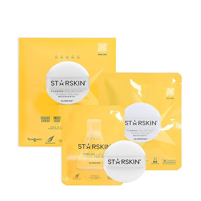 STARSKIN Glowstar, Facial Radiance Pads with Lactic and Glycolic Acid, AHA Exfoliant infused with Vitamin C Serum, Face Peeling Puff, Optimal for Soft Scrub, K Beauty Skincare