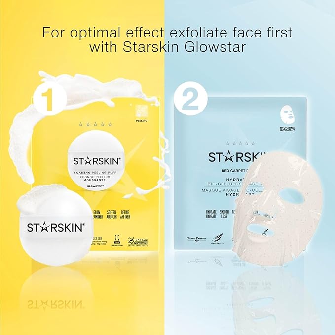 STARSKIN Red Carpet Ready Bio-Cellulose Face Mask – 1 Pack (40 g), Instant Hydration & “Glass-Skin” Glow, Coconut-Fermented Fiber, K-Beauty