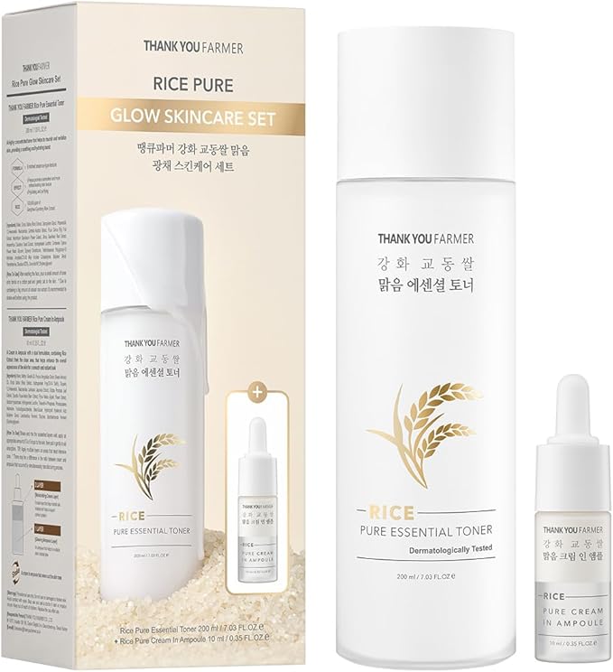 THANKYOU FARMER Rice Pure Skincare Set, Full Size Toner(7.03 fl oz) + Mini Size Ampoule(0.35 fl oz) Korean Skincare Set, Glass Skin