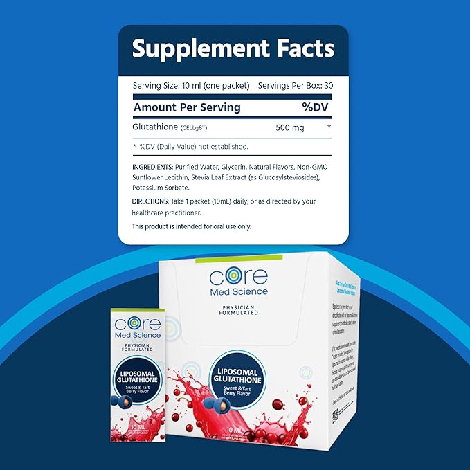 Core Med Science Liposomal Glutathione Supplement, Sweet & Tart Berry - Glutathione Drink Mix for Detox Support - Antioxidant Supplement for Energy, Brain Health, Skin & Liver Health - 30 Pack