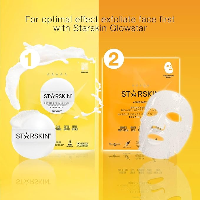 STARSKIN After Party 4x40g, Bio-Cellulose Brightening Face Mask for all Skin Types, Korean Skincare Mask infused with Vitamin C Serum and Niacinamide, Energizing and Soothing, K Beauty Skincare