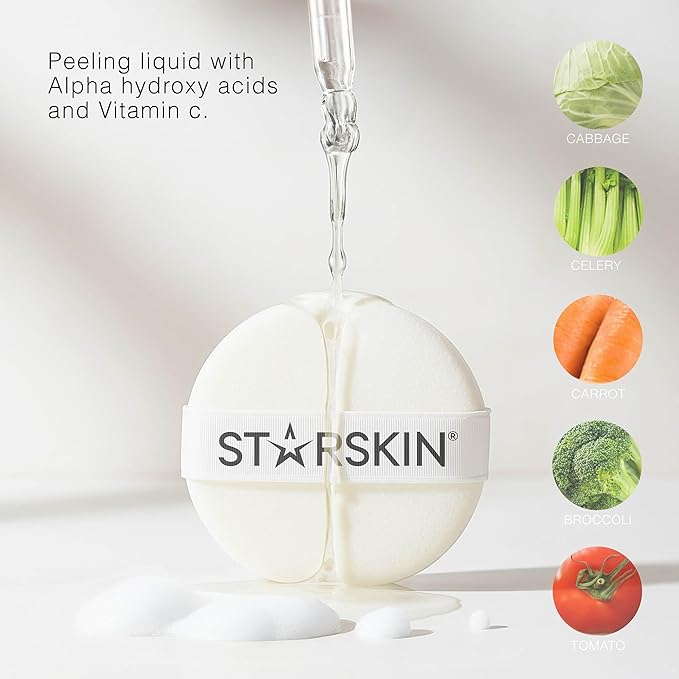 STARSKIN Glowstar, Facial Radiance Pads with Lactic and Glycolic Acid, AHA Exfoliant infused with Vitamin C Serum, Face Peeling Puff, Optimal for Soft Scrub, K Beauty Skincare