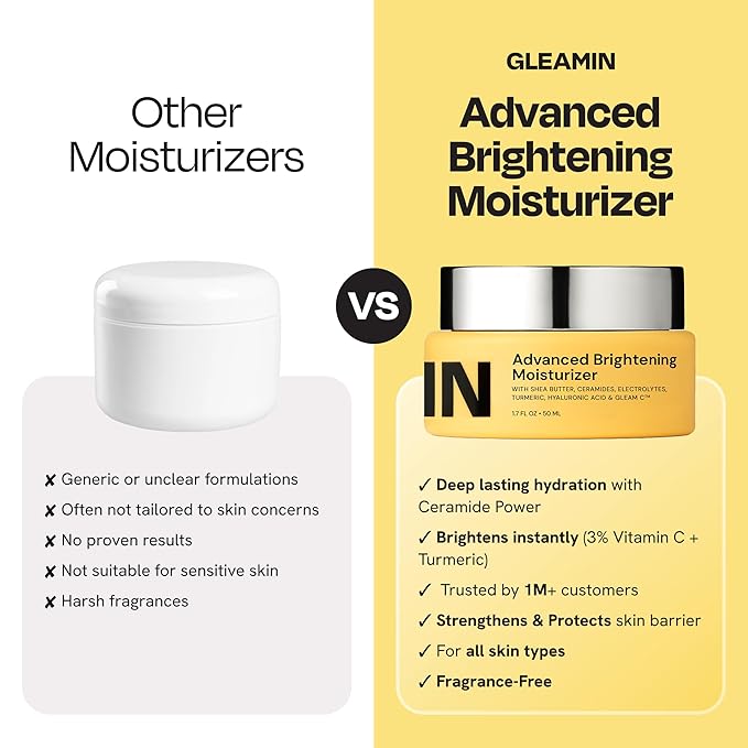 Gleamin Advanced Brightening Face Moisturizer - Face Cream for Women & Men with Vitamin C, Ceramides, Turmeric & Hyaluronic Acid - Faded Cream for Dark Spots, Uneven Skin Tone & Hydration - 1.7 fl oz