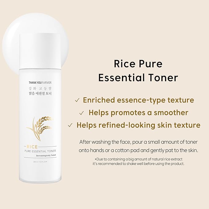 THANKYOU FARMER Rice Pure Skincare Set, Full Size Toner(7.03 fl oz) + Mini Size Ampoule(0.35 fl oz) Korean Skincare Set, Glass Skin