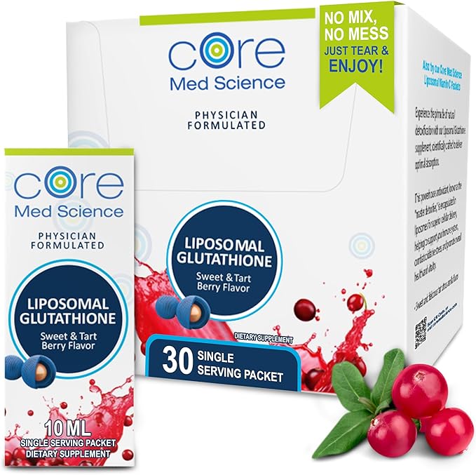 Core Med Science Liposomal Glutathione Supplement, Sweet & Tart Berry - Glutathione Drink Mix for Detox Support - Antioxidant Supplement for Energy, Brain Health, Skin & Liver Health - 30 Pack
