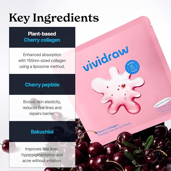 Cherry Collagen Firming Capsule Ampoule Gel Mask (4EA) | Real Hydrogel Korean Face Masks with Peptide | Anti-Aging, Fine Lines & Pore Minimizer | Boosts Elasticity & Enhances Glow Skin