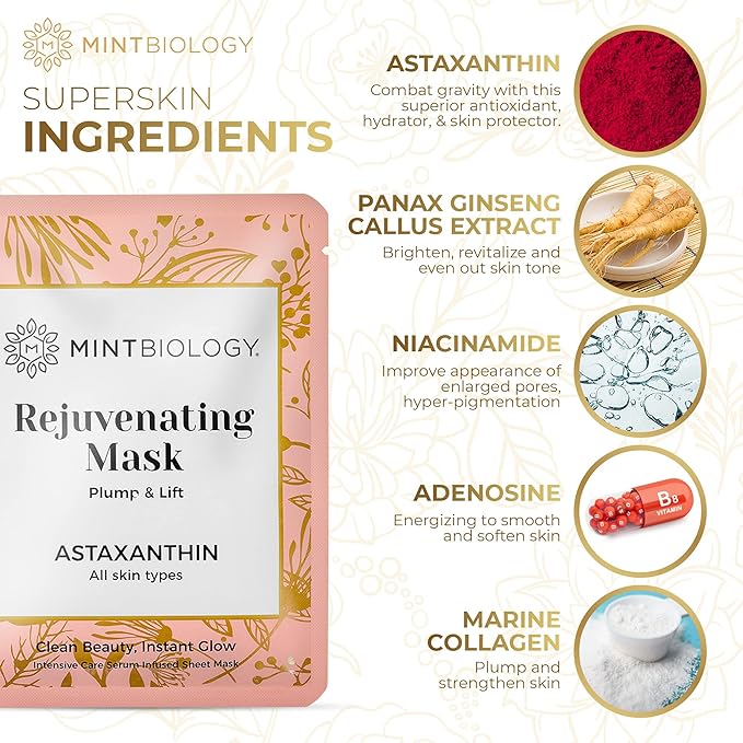 Korean Sheet Mask | AGELESS Advanced Nutrient Locking Korean Skin Care Masks | Astaxanthin & Collagen Face Mask for Women | Nourish, Hydrate & Soften Lines & Wrinkles Spots | Cruelty Free Facial Masks