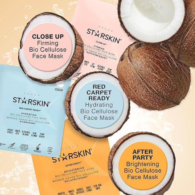 STARSKIN After Party 4x40g, Bio-Cellulose Brightening Face Mask for all Skin Types, Korean Skincare Mask infused with Vitamin C Serum and Niacinamide, Energizing and Soothing, K Beauty Skincare